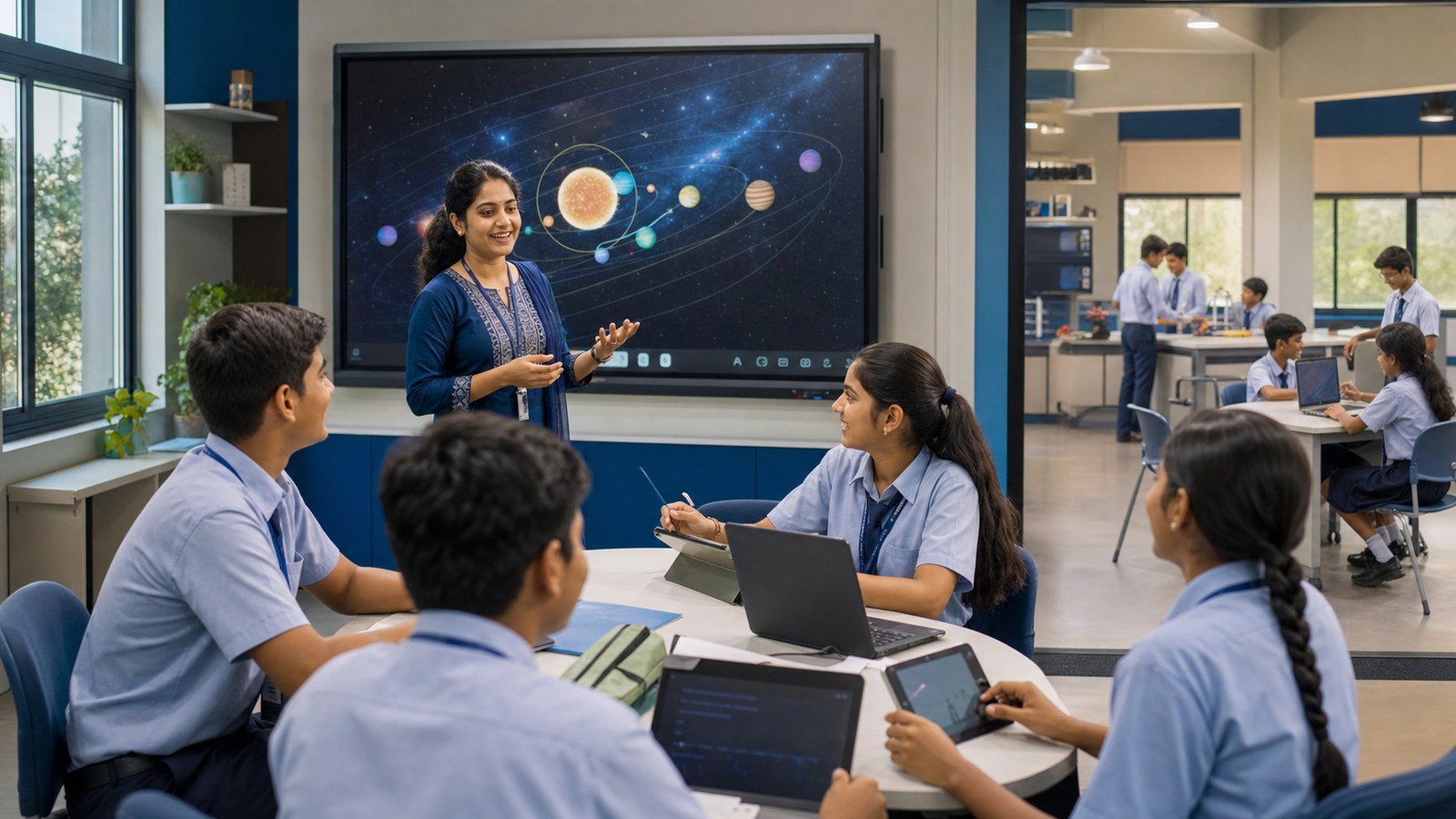 Indian teacher and students learning collaboratively with an interactive display, personal devices and a connected STEM lab