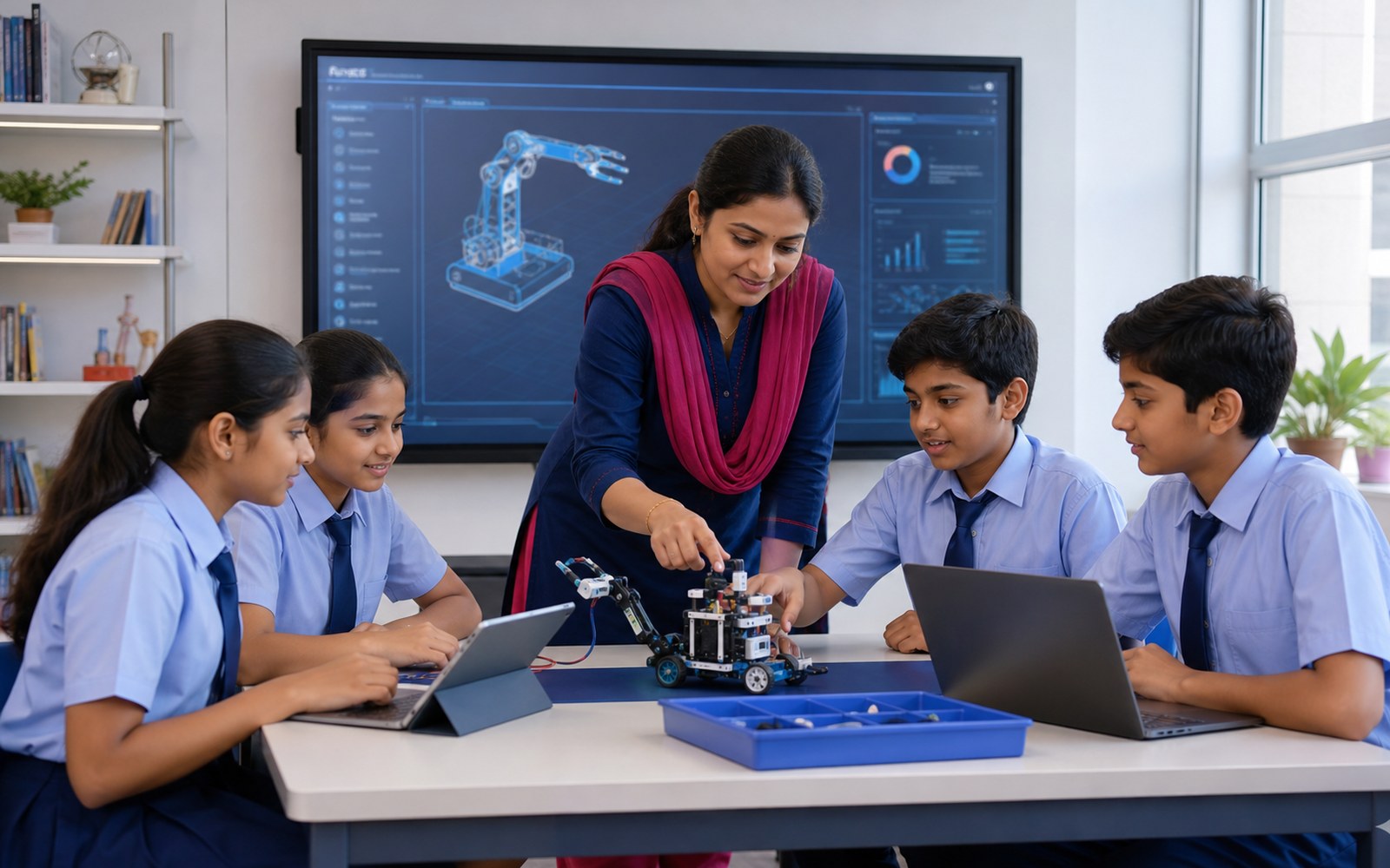 Indian teacher and students integrating robotics, laptops and an interactive display